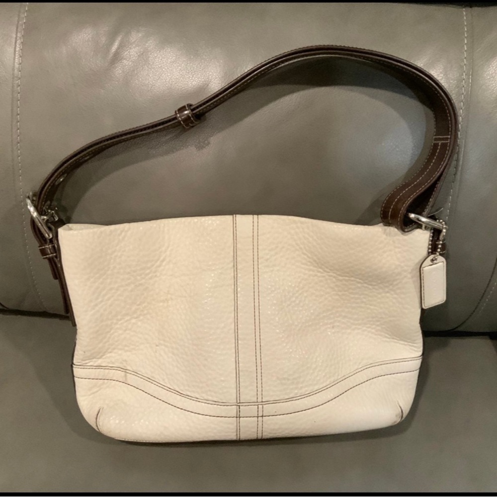 COACH White with Dark Brown Strap Leather Shoulder Bag